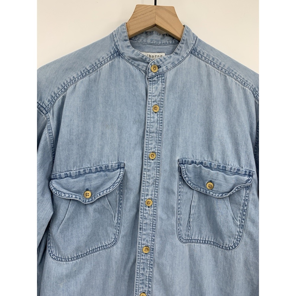 Vintage Claiborne Denim Shirt Mens Medium Blue Band Collar Double Pocket 80s